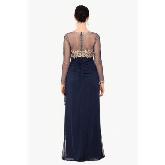 Xscape Noah Illusion Long Sleeve Lace Matte Jersey Gown Ruched Size 6 Navy Gold - Picture 4 of 16